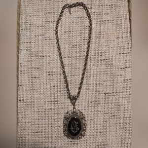 Whiting Davis Vintage 70s Large Lily Pendant Victorian Silver Mirror Necklace
